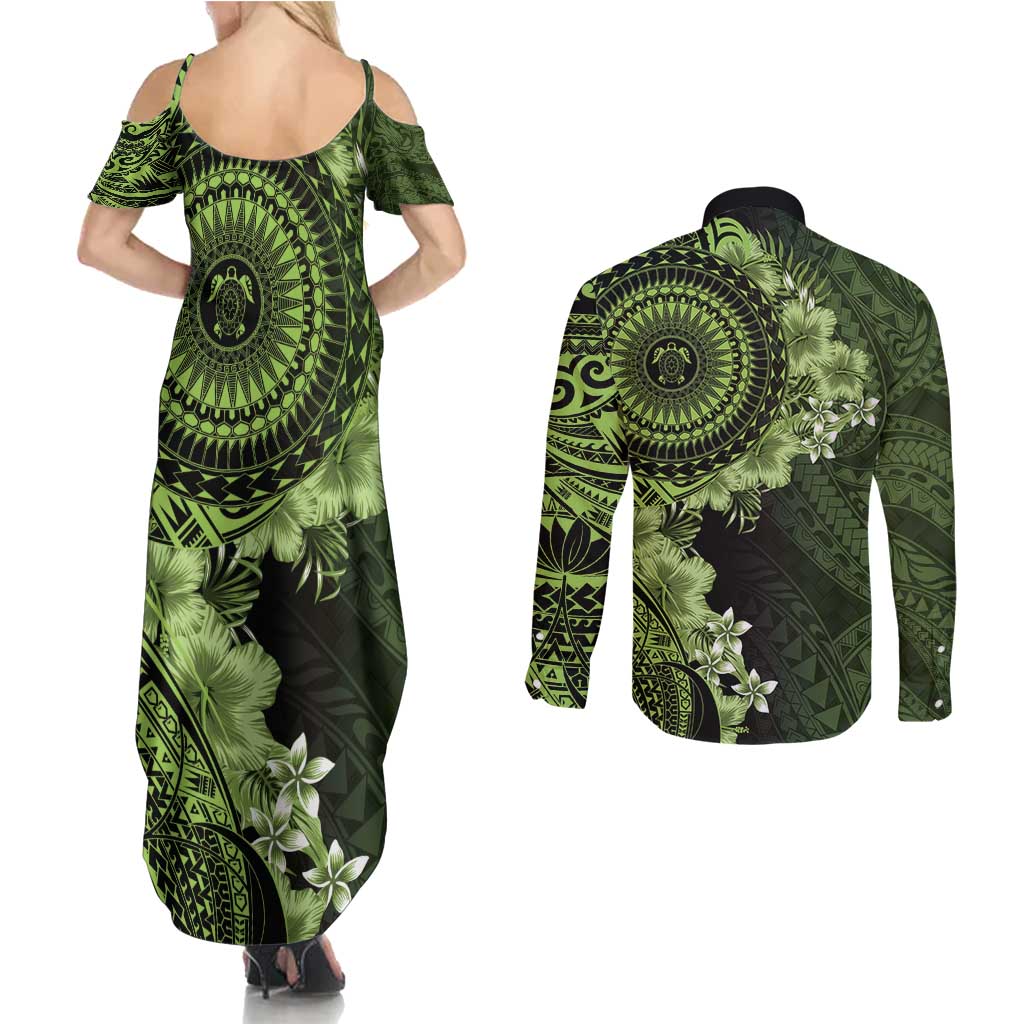 Vanuatu Couples Matching Summer Maxi Dress and Long Sleeve Button Shirt Hibisus Polynesian Pattern Green - Polynesian Pride