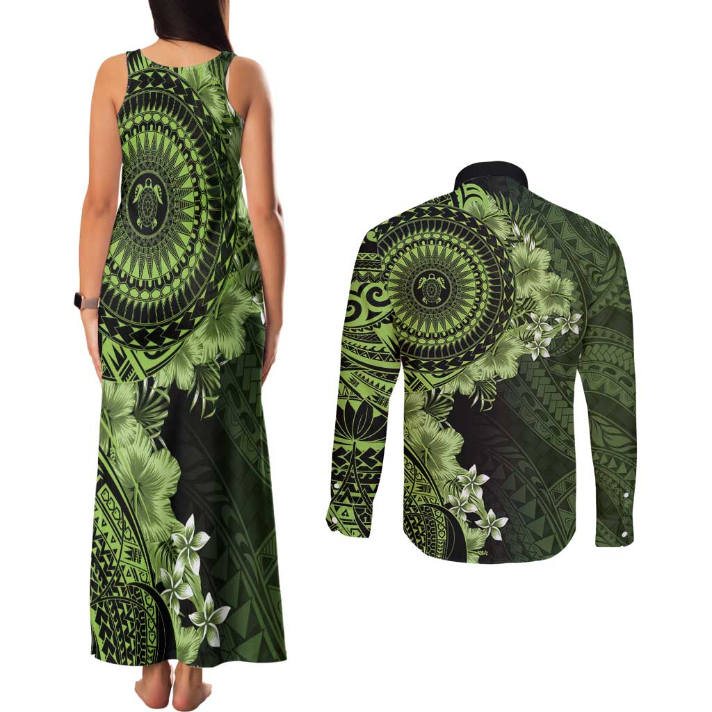 Vanuatu Couples Matching Tank Maxi Dress and Long Sleeve Button Shirt Hibisus Polynesian Pattern Green - Polynesian Pride