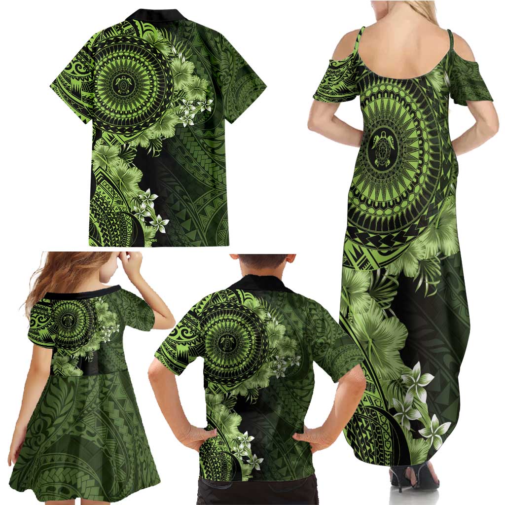 Vanuatu Family Matching Summer Maxi Dress and Hawaiian Shirt Hibisus Polynesian Pattern Green - Polynesian Pride