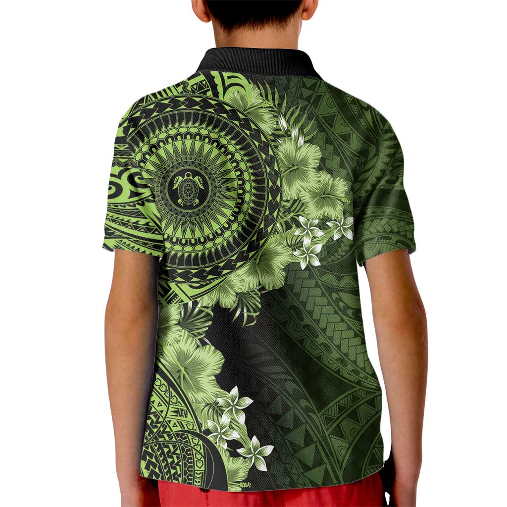 Vanuatu Kid Polo Shirt Hibisus Polynesian Pattern Green - Polynesian Pride