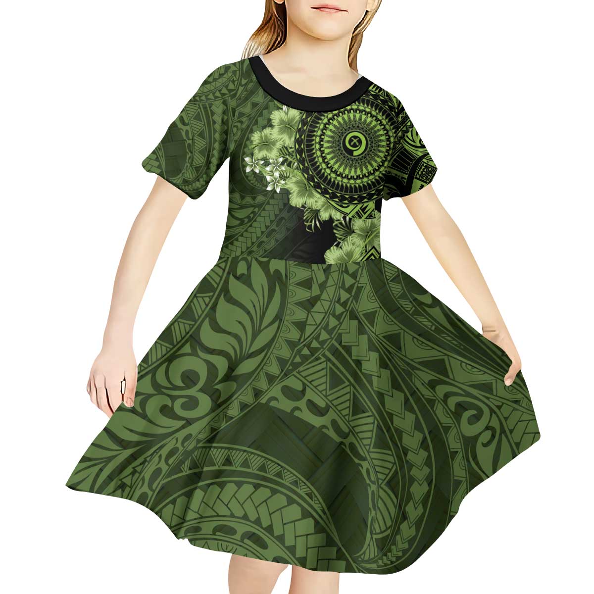 Vanuatu Kid Short Sleeve Dress Hibisus Polynesian Pattern Green - Polynesian Pride
