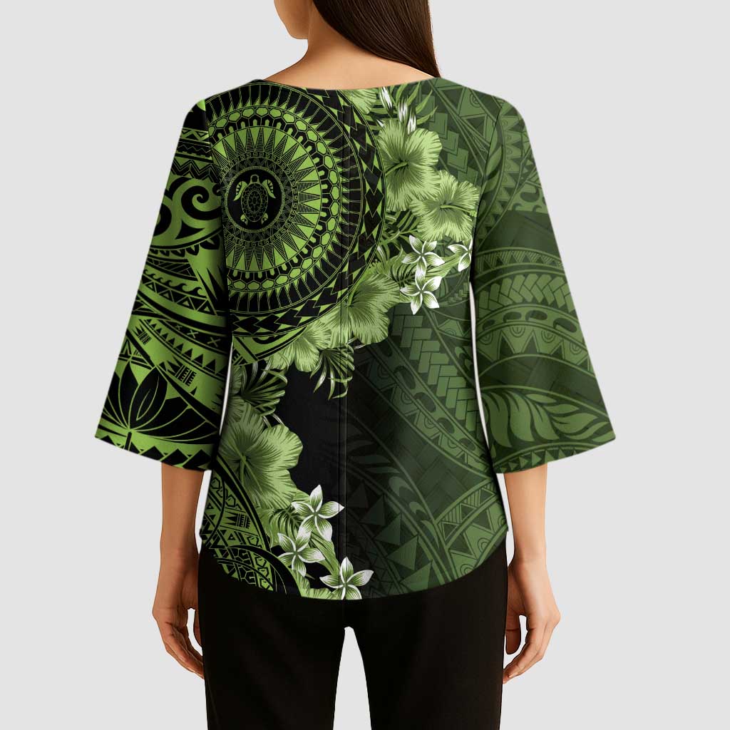 Vanuatu Kimono Sleeve Blouse Hibisus Polynesian Pattern Green - Polynesian Pride