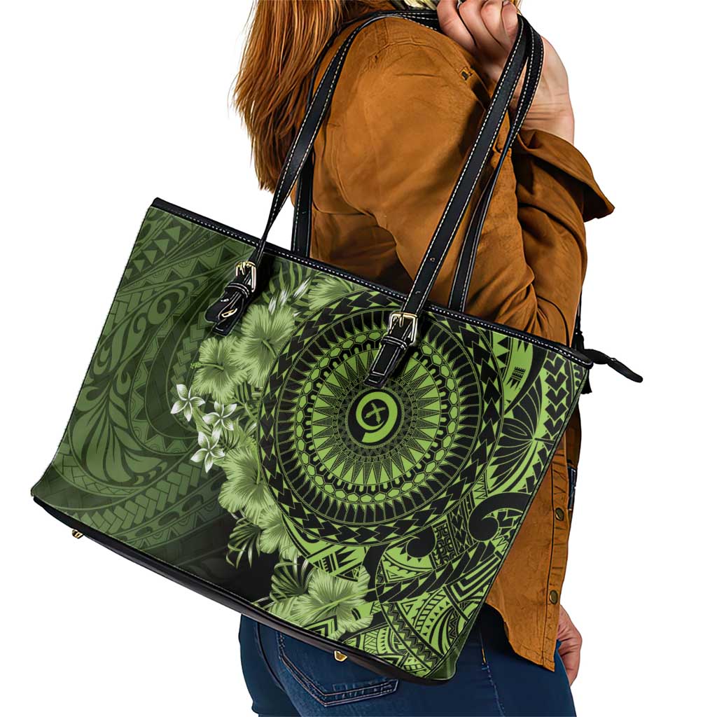 Vanuatu Leather Tote Bag Hibisus Polynesian Pattern Green - Polynesian Pride