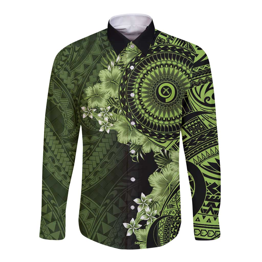 Vanuatu Long Sleeve Button Shirt Hibisus Polynesian Pattern Green - Polynesian Pride