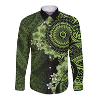 Vanuatu Long Sleeve Button Shirt Hibisus Polynesian Pattern Green - Polynesian Pride