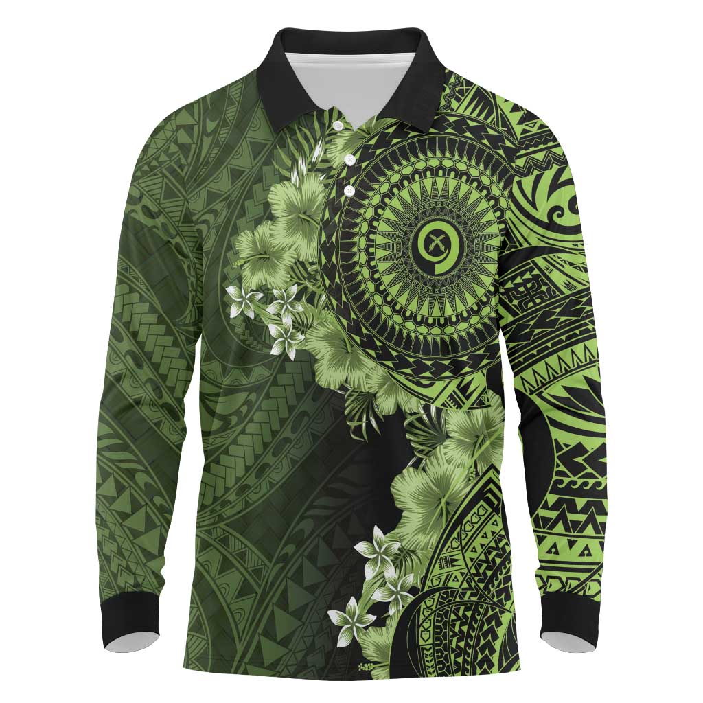 Vanuatu Long Sleeve Polo Shirt Hibisus Polynesian Pattern Green - Polynesian Pride