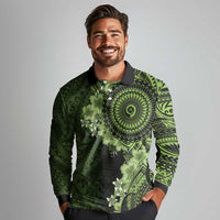Vanuatu Long Sleeve Polo Shirt Hibisus Polynesian Pattern Green - Polynesian Pride