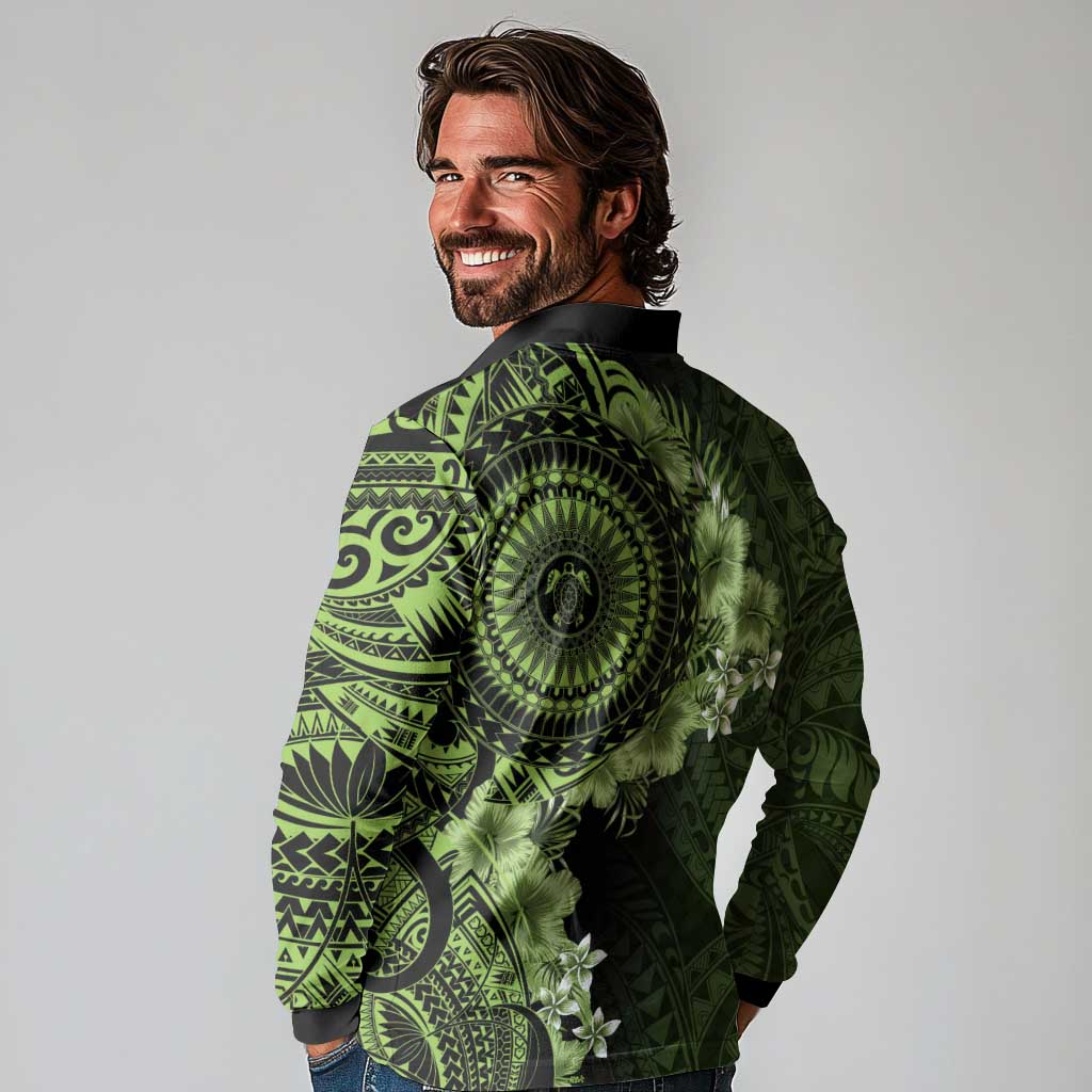 Vanuatu Long Sleeve Polo Shirt Hibisus Polynesian Pattern Green - Polynesian Pride