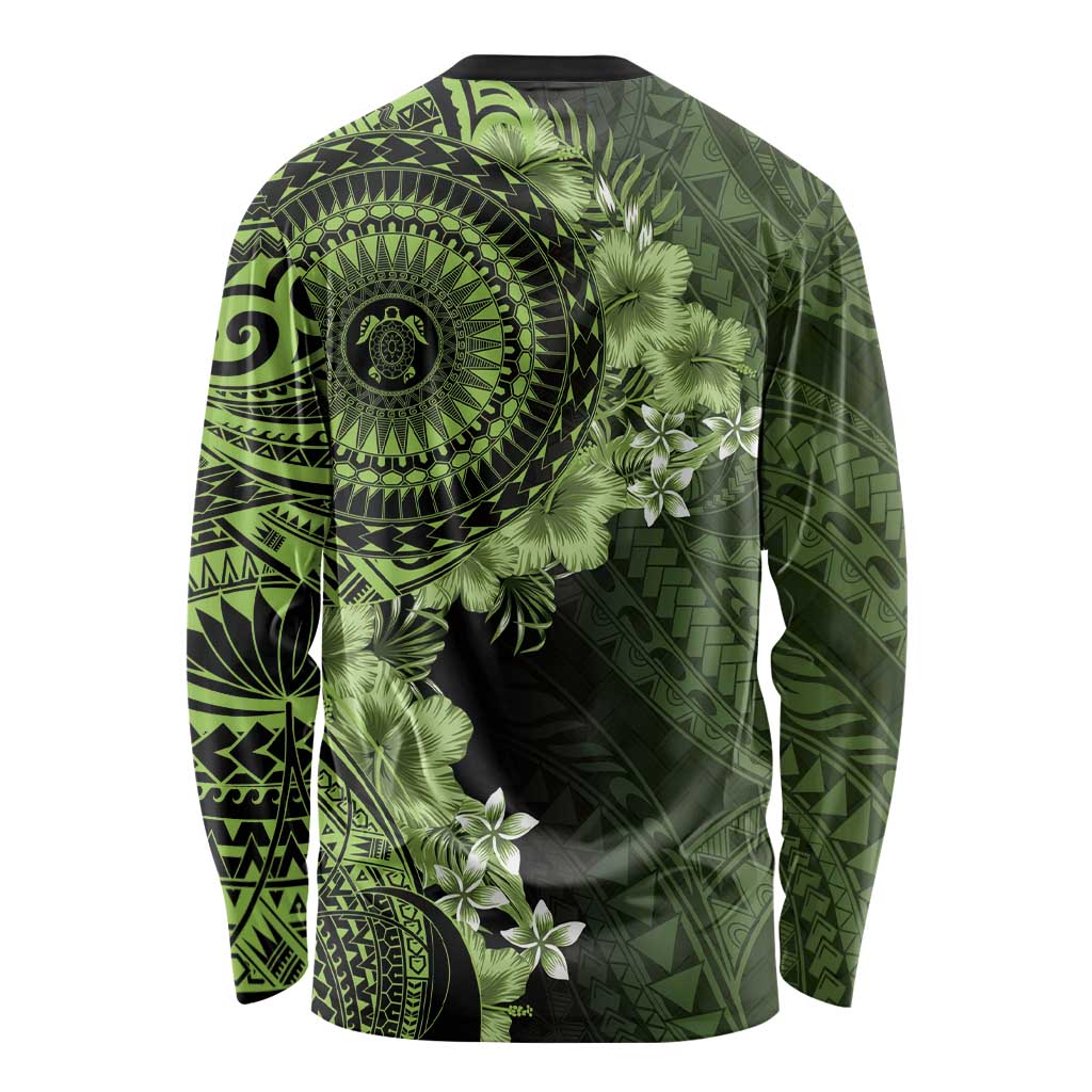 Vanuatu Long Sleeve Shirt Hibisus Polynesian Pattern Green - Polynesian Pride