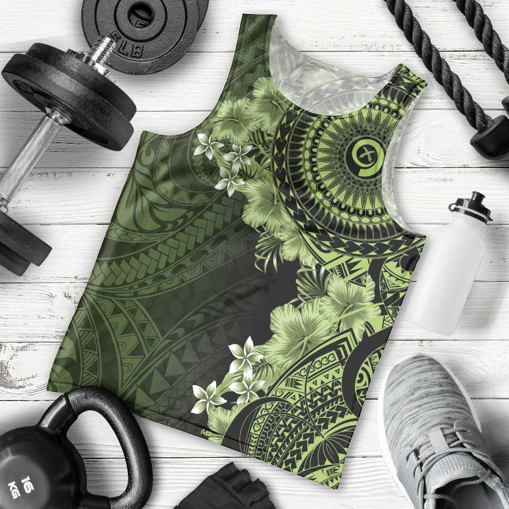Vanuatu Men Tank Top Hibisus Polynesian Pattern Green - Polynesian Pride