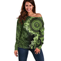 Vanuatu Off Shoulder Sweater Hibisus Polynesian Pattern Green - Polynesian Pride