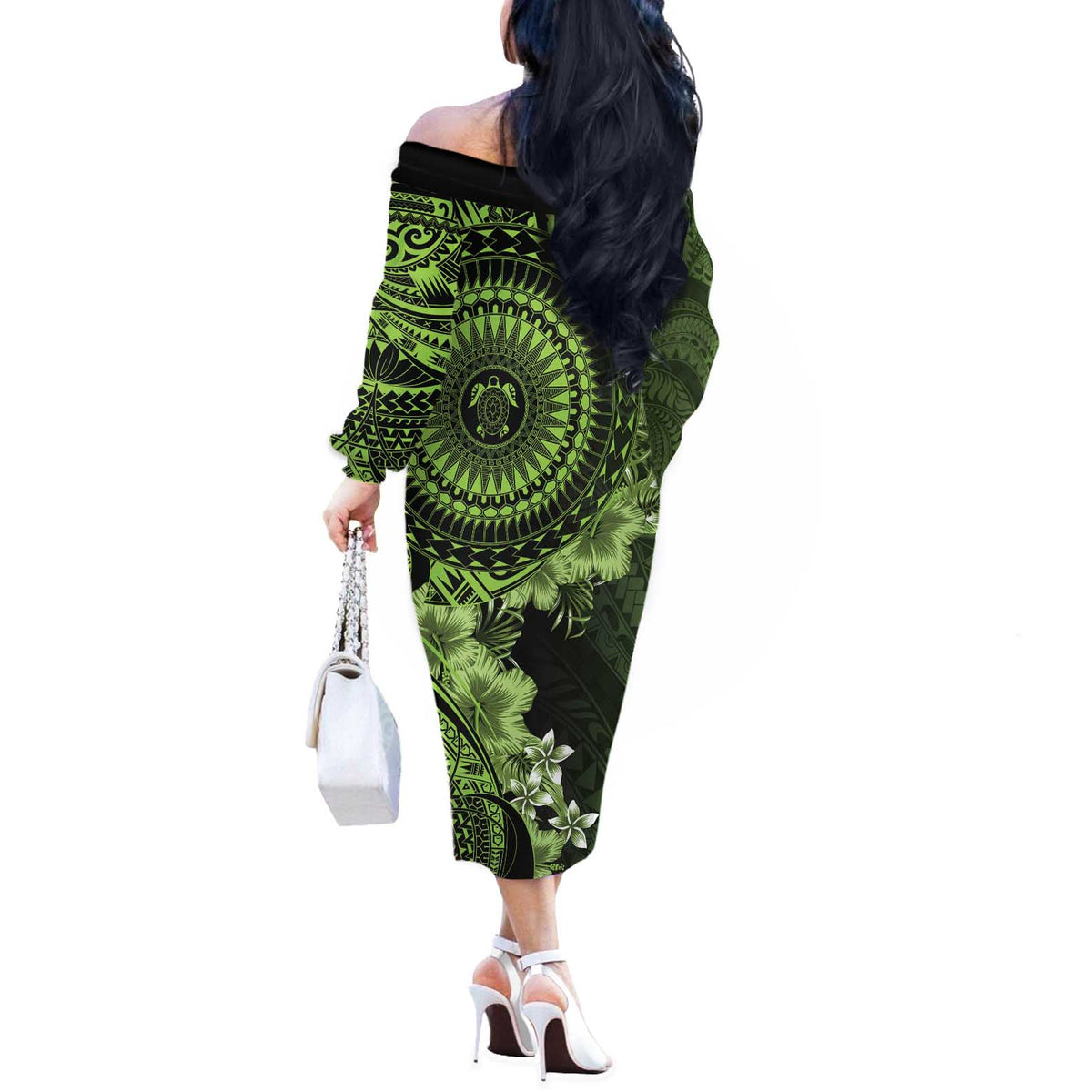 Vanuatu Off The Shoulder Long Sleeve Dress Hibisus Polynesian Pattern Green - Polynesian Pride
