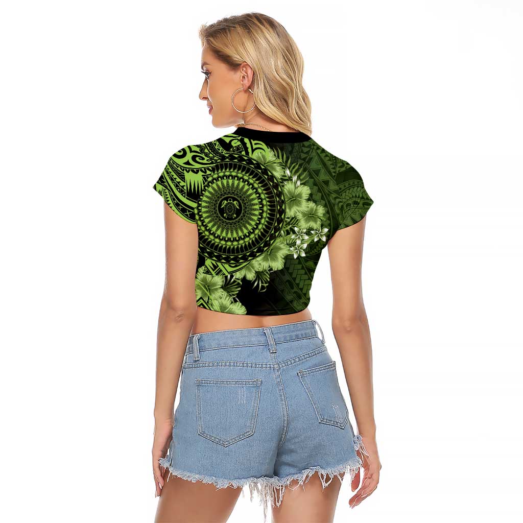 Vanuatu Raglan Cropped T Shirt Hibisus Polynesian Pattern Green LT14 - Polynesian Pride