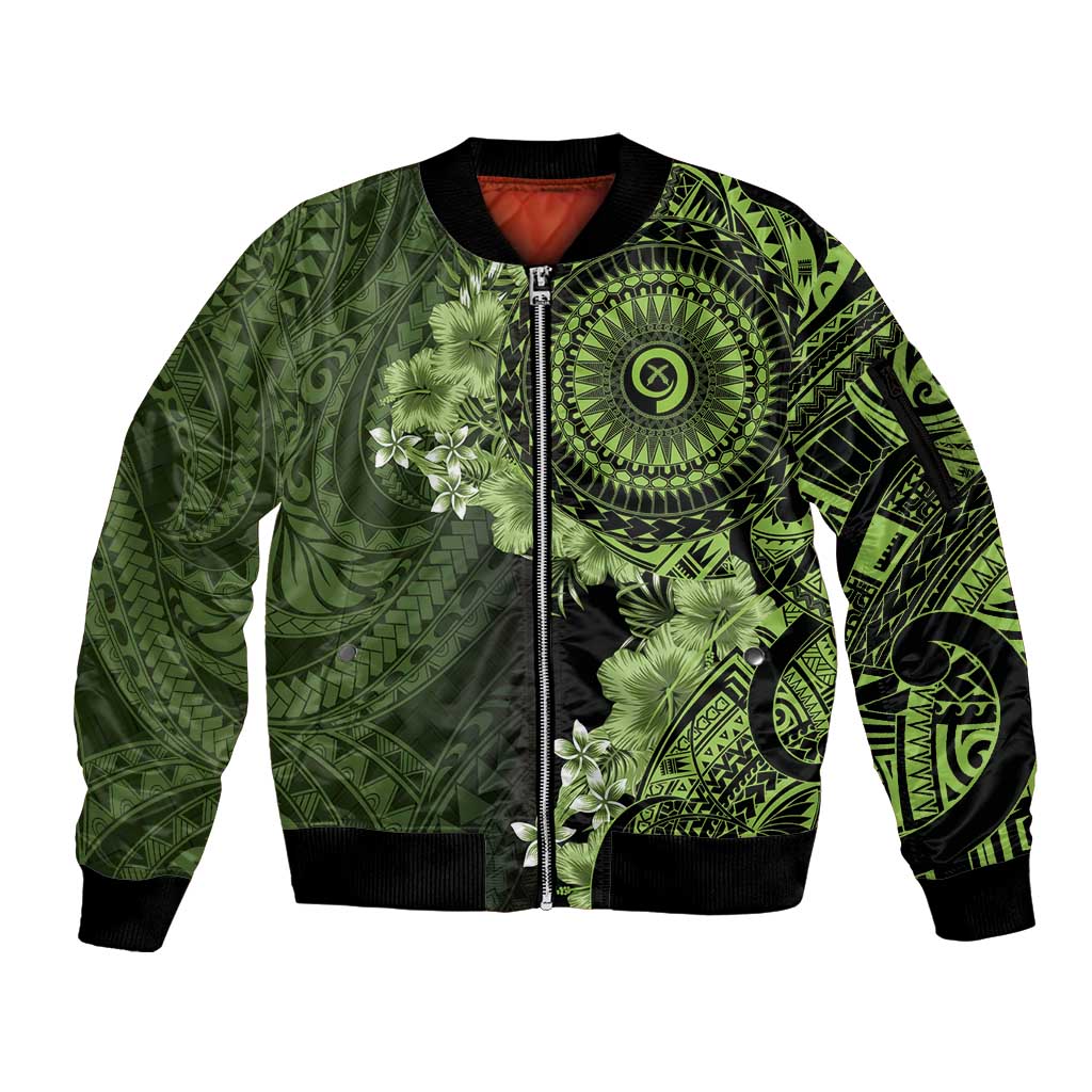Vanuatu Sleeve Zip Bomber Jacket Hibisus Polynesian Pattern Green - Polynesian Pride