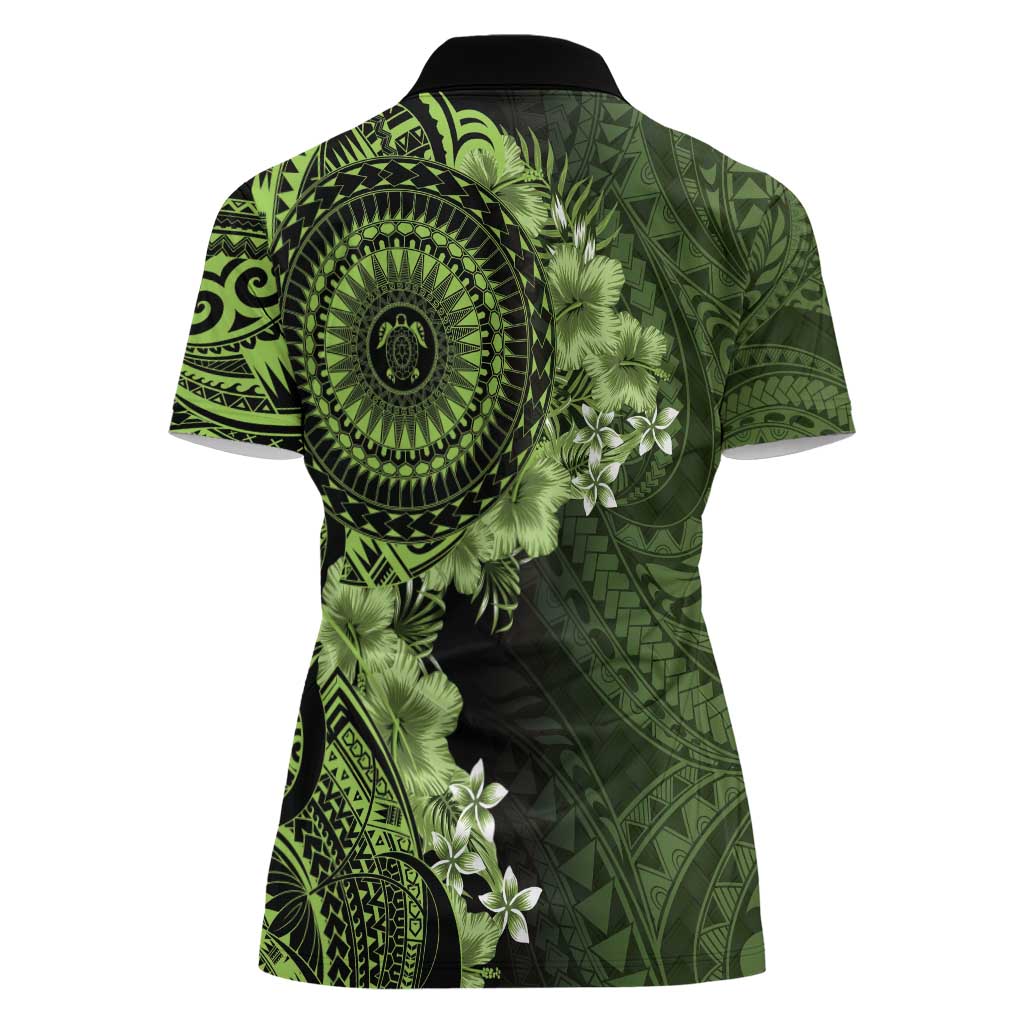 Vanuatu Women Polo Shirt Hibisus Polynesian Pattern Green - Polynesian Pride