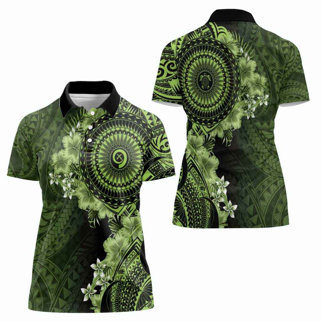 Vanuatu Women Polo Shirt Hibisus Polynesian Pattern Green - Polynesian Pride