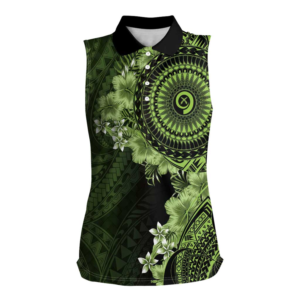 Vanuatu Women Sleeveless Polo Shirt Hibisus Polynesian Pattern Green - Polynesian Pride