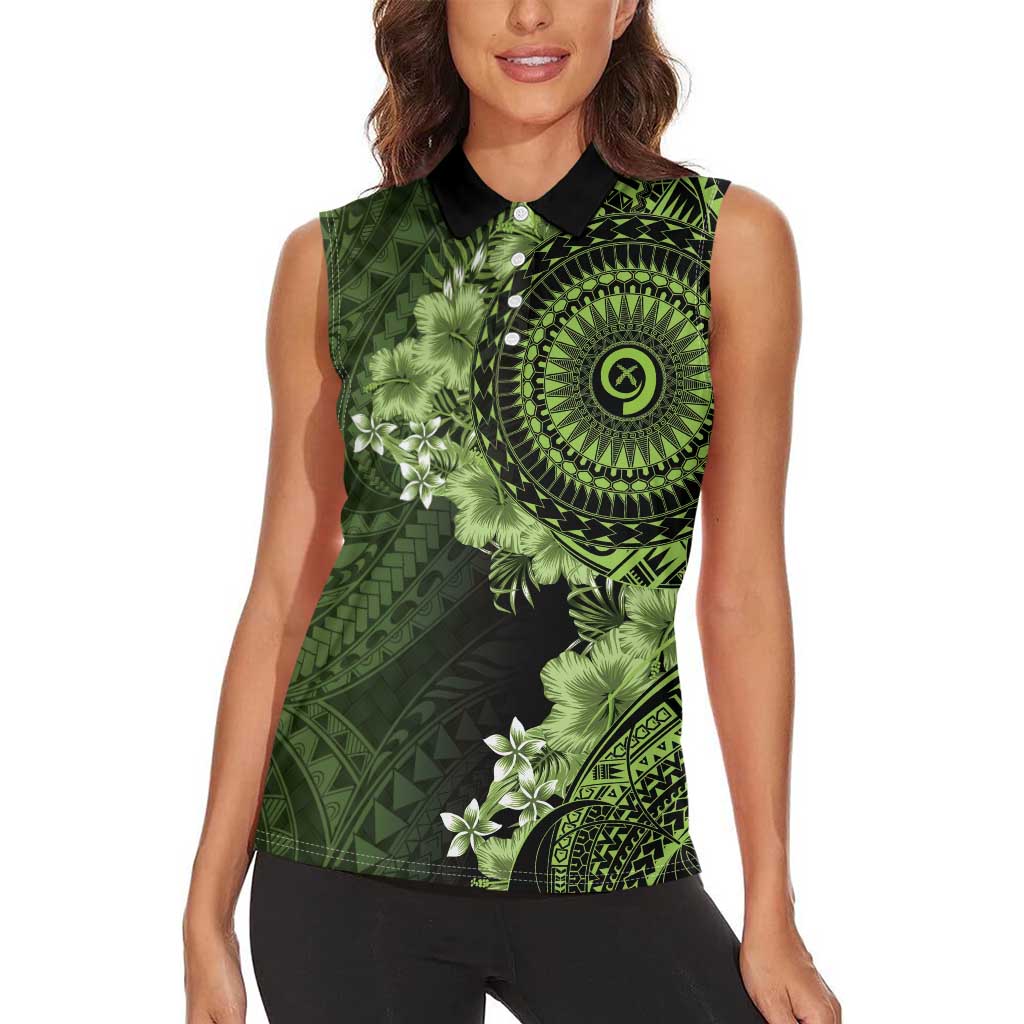 Vanuatu Women Sleeveless Polo Shirt Hibisus Polynesian Pattern Green - Polynesian Pride