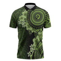 Vanuatu Zipper Polo Shirt Hibisus Polynesian Pattern Green - Polynesian Pride