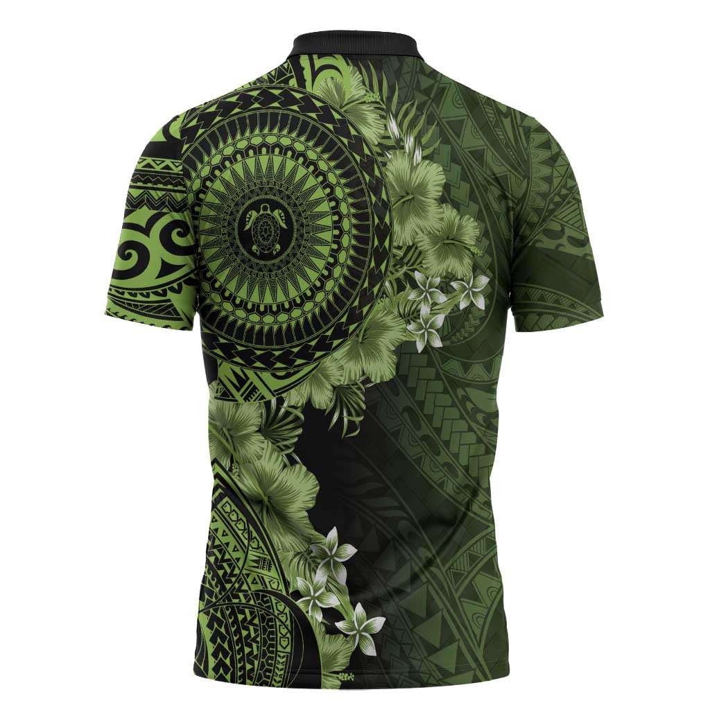 Vanuatu Zipper Polo Shirt Hibisus Polynesian Pattern Green - Polynesian Pride