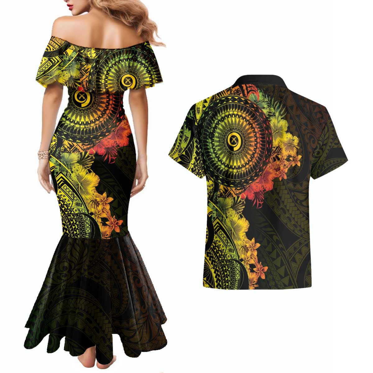 Vanuatu Couples Matching Mermaid Dress and Hawaiian Shirt Hibisus Polynesian Pattern Reggae - Polynesian Pride