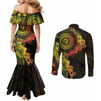 Vanuatu Couples Matching Mermaid Dress and Long Sleeve Button Shirt Hibisus Polynesian Pattern Reggae - Polynesian Pride
