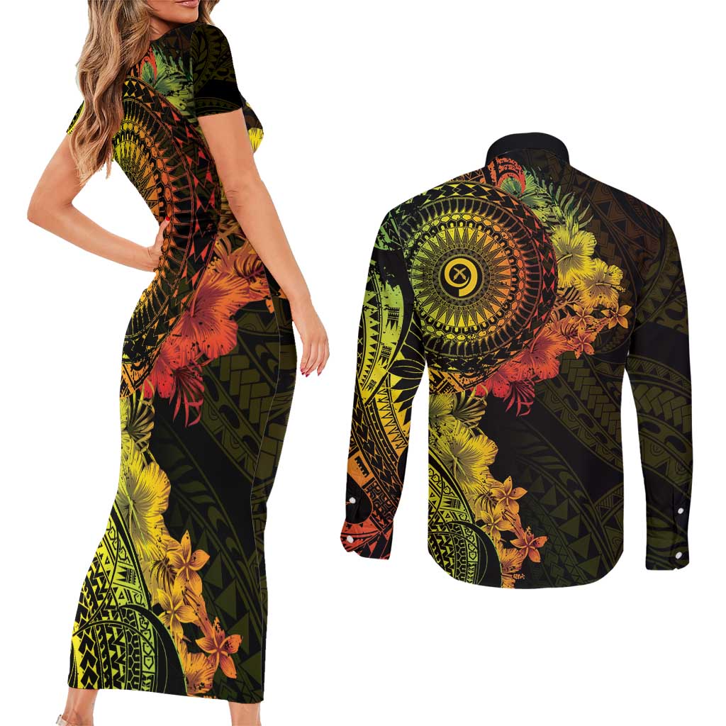 Vanuatu Couples Matching Short Sleeve Bodycon Dress and Long Sleeve Button Shirt Hibisus Polynesian Pattern Reggae - Polynesian Pride