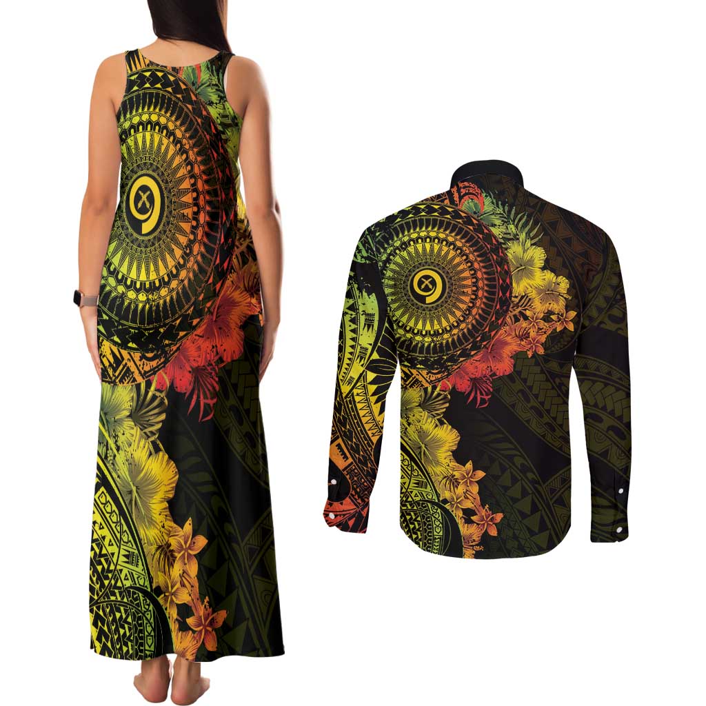 Vanuatu Couples Matching Tank Maxi Dress and Long Sleeve Button Shirt Hibisus Polynesian Pattern Reggae - Polynesian Pride