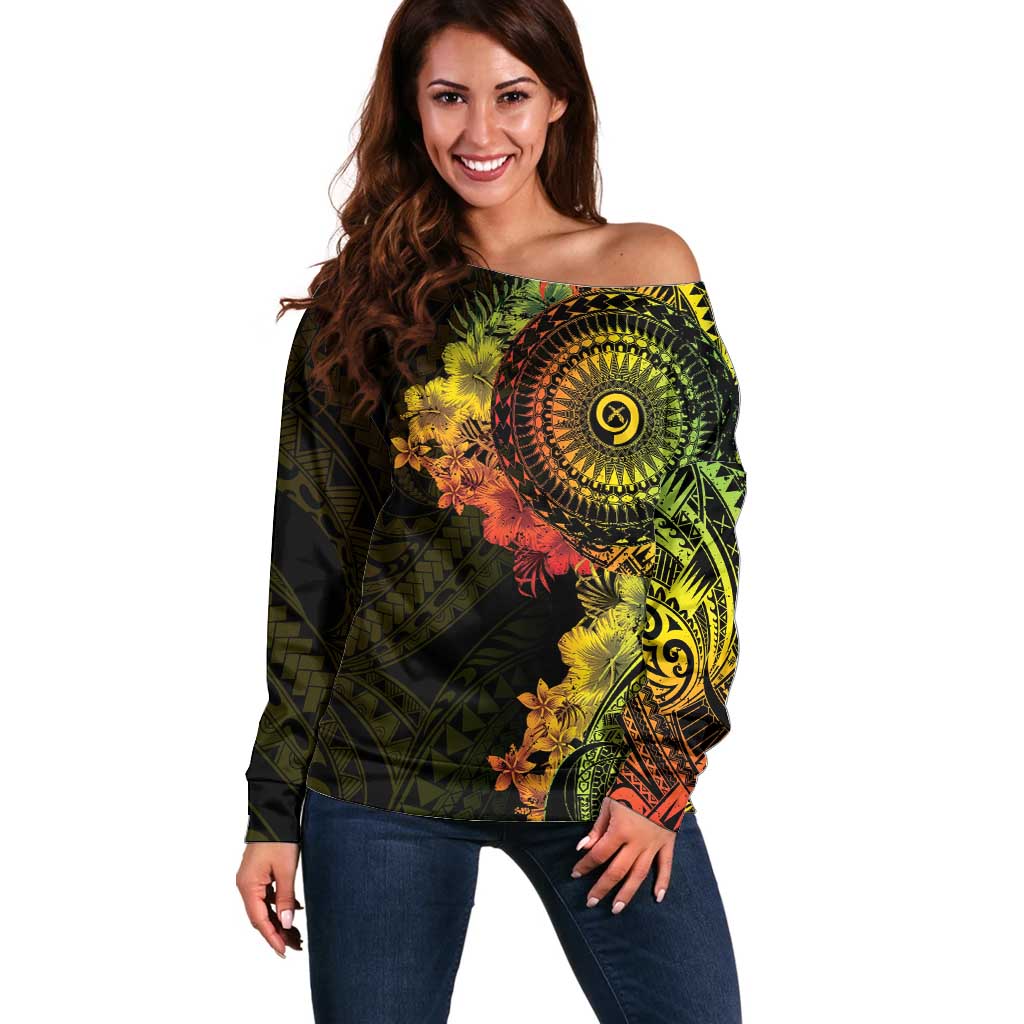 Vanuatu Off Shoulder Sweater Hibisus Polynesian Pattern Reggae - Polynesian Pride