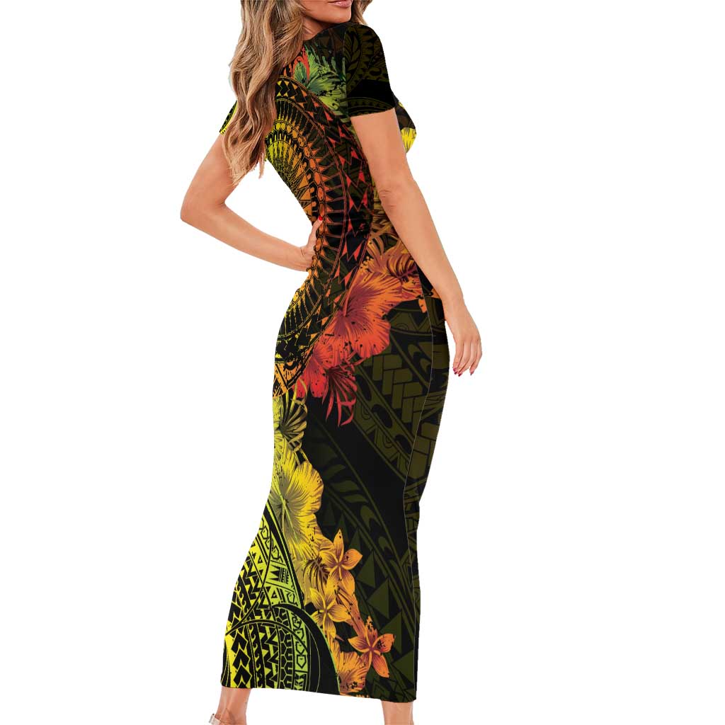 Vanuatu Short Sleeve Bodycon Dress Hibisus Polynesian Pattern Reggae - Polynesian Pride