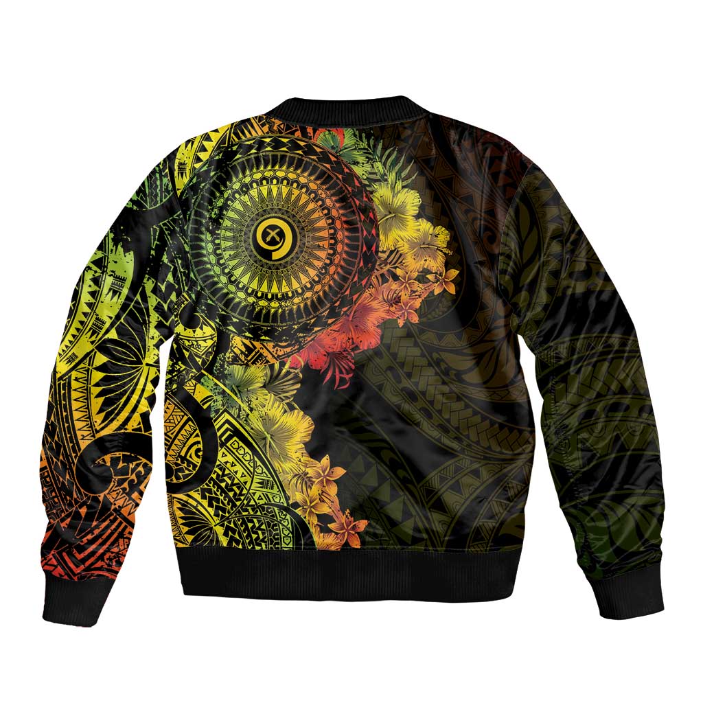 Vanuatu Sleeve Zip Bomber Jacket Hibisus Polynesian Pattern Reggae - Polynesian Pride