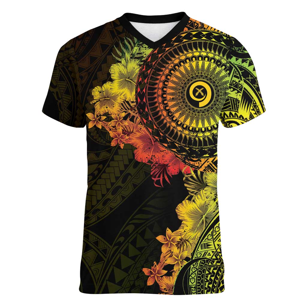 Vanuatu Women V-Neck T-Shirt Hibisus Polynesian Pattern Reggae - Polynesian Pride