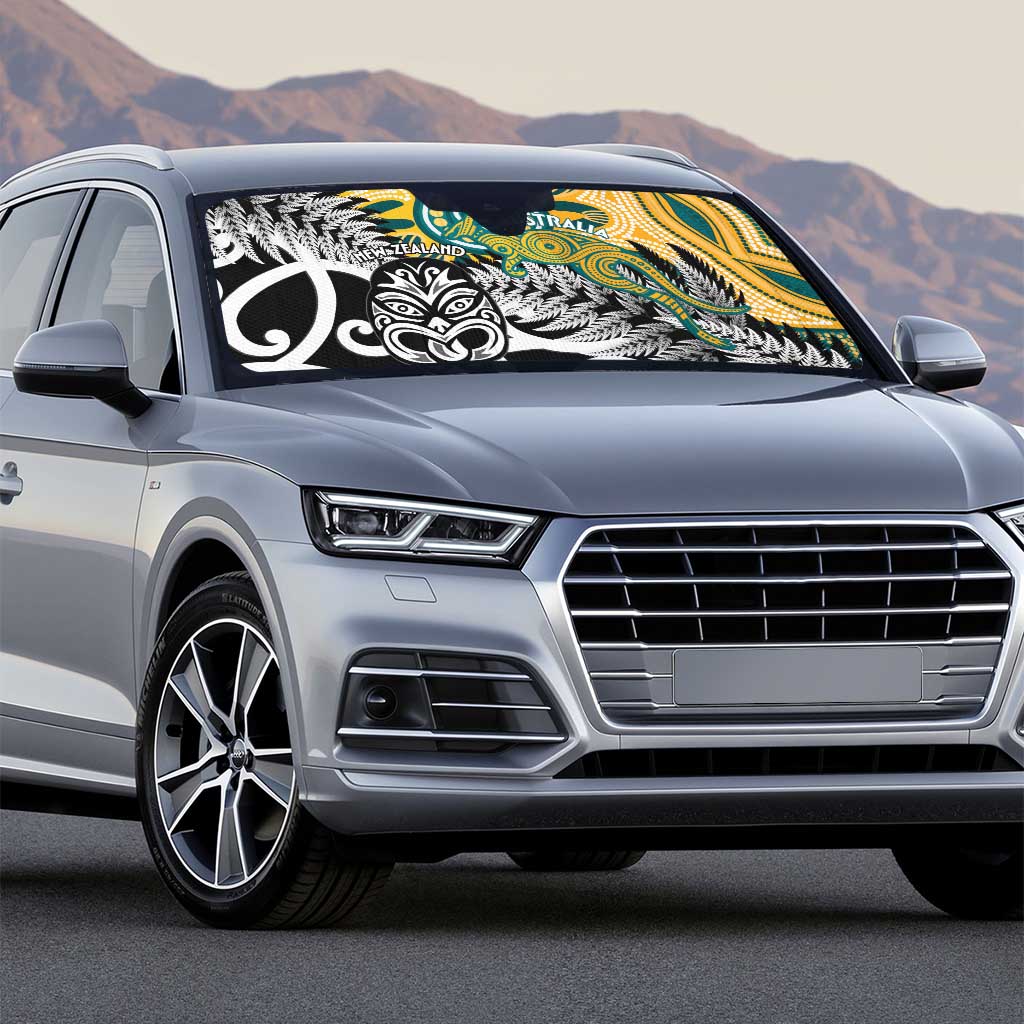 New Zealand Australia Rugby Auto Sun Shade Wallabies Aboriginal All Black Maori Tiki Together - Polynesian Pride