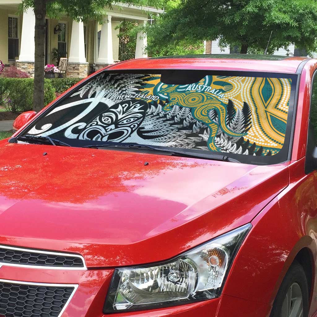 New Zealand Australia Rugby Auto Sun Shade Wallabies Aboriginal All Black Maori Tiki Together - Polynesian Pride