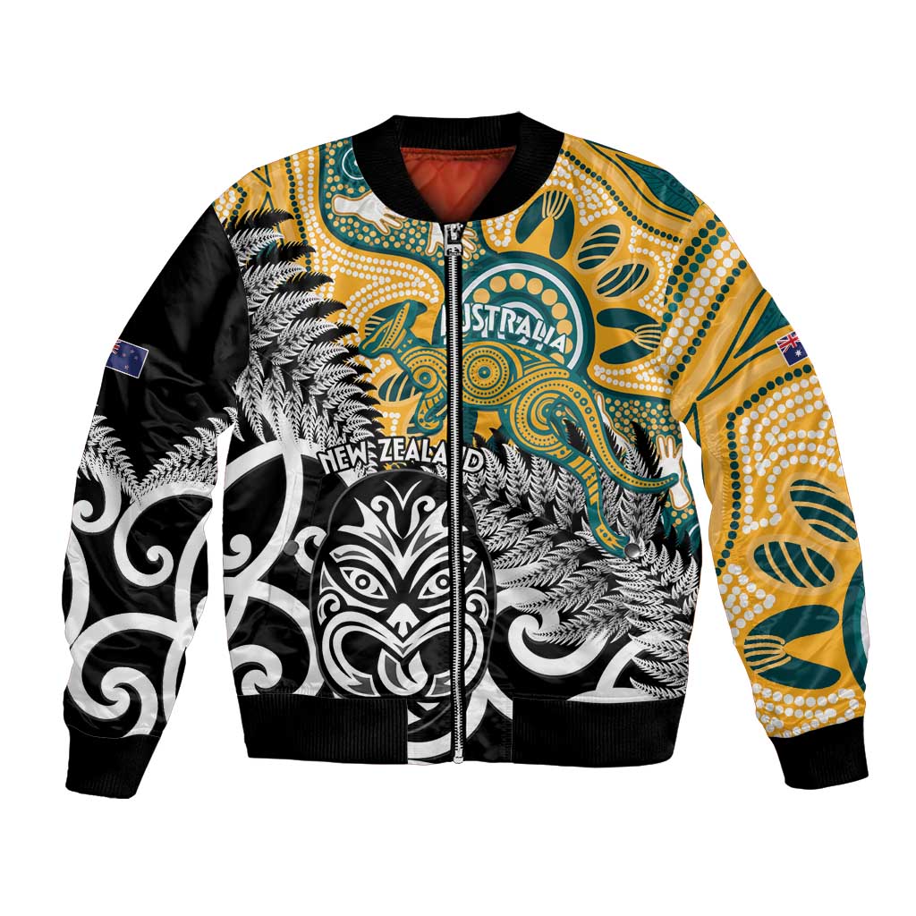 New Zealand Australia Rugby Custom Bomber Jacket Wallabies Aboriginal All Black Maori Tiki Together - Polynesian Pride