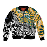 New Zealand Australia Rugby Custom Bomber Jacket Wallabies Aboriginal All Black Maori Tiki Together - Polynesian Pride