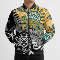 New Zealand Australia Rugby Custom Bomber Puffer Jacket Wallabies Aboriginal All Black Maori Tiki Together - Polynesian Pride