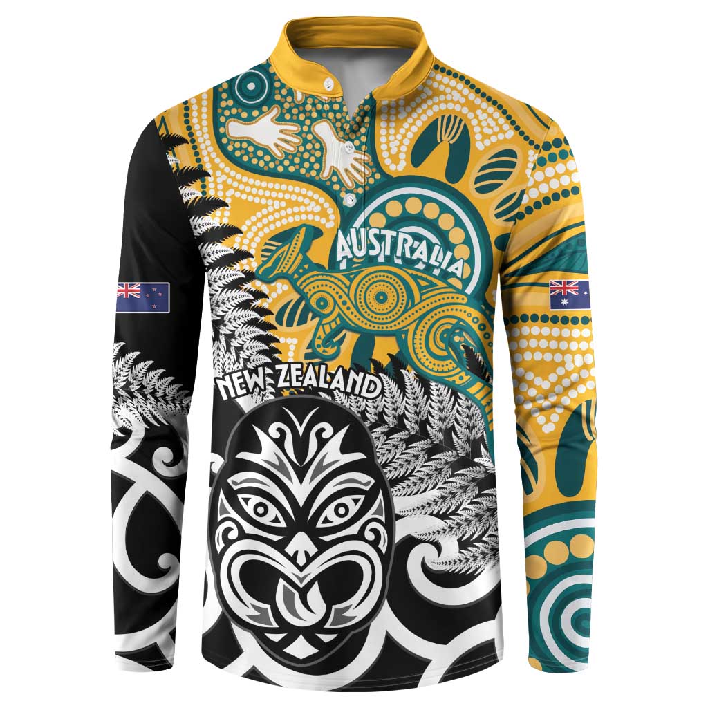 New Zealand Australia Rugby Custom Button Sweatshirt Wallabies Aboriginal All Black Maori Tiki Together - Polynesian Pride