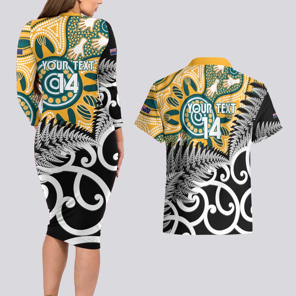 New Zealand Australia Rugby Custom Couples Matching Long Sleeve Bodycon Dress and Hawaiian Shirt Wallabies Aboriginal All Black Maori Tiki Together - Polynesian Pride