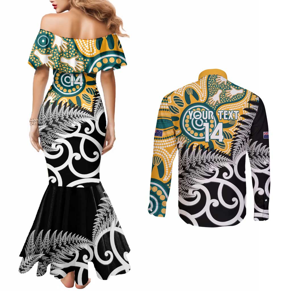 New Zealand Australia Rugby Custom Couples Matching Mermaid Dress and Long Sleeve Button Shirt Wallabies Aboriginal All Black Maori Tiki Together - Polynesian Pride