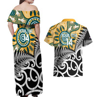 New Zealand Australia Rugby Custom Couples Matching Off Shoulder Maxi Dress and Hawaiian Shirt Wallabies Aboriginal All Black Maori Tiki Together - Polynesian Pride
