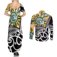 New Zealand Australia Rugby Custom Couples Matching Summer Maxi Dress and Long Sleeve Button Shirt Wallabies Aboriginal All Black Maori Tiki Together - Polynesian Pride