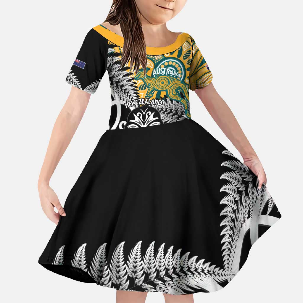 New Zealand Australia Rugby Custom Family Matching Off Shoulder Maxi Dress and Hawaiian Shirt Wallabies Aboriginal All Black Maori Tiki Together - Polynesian Pride
