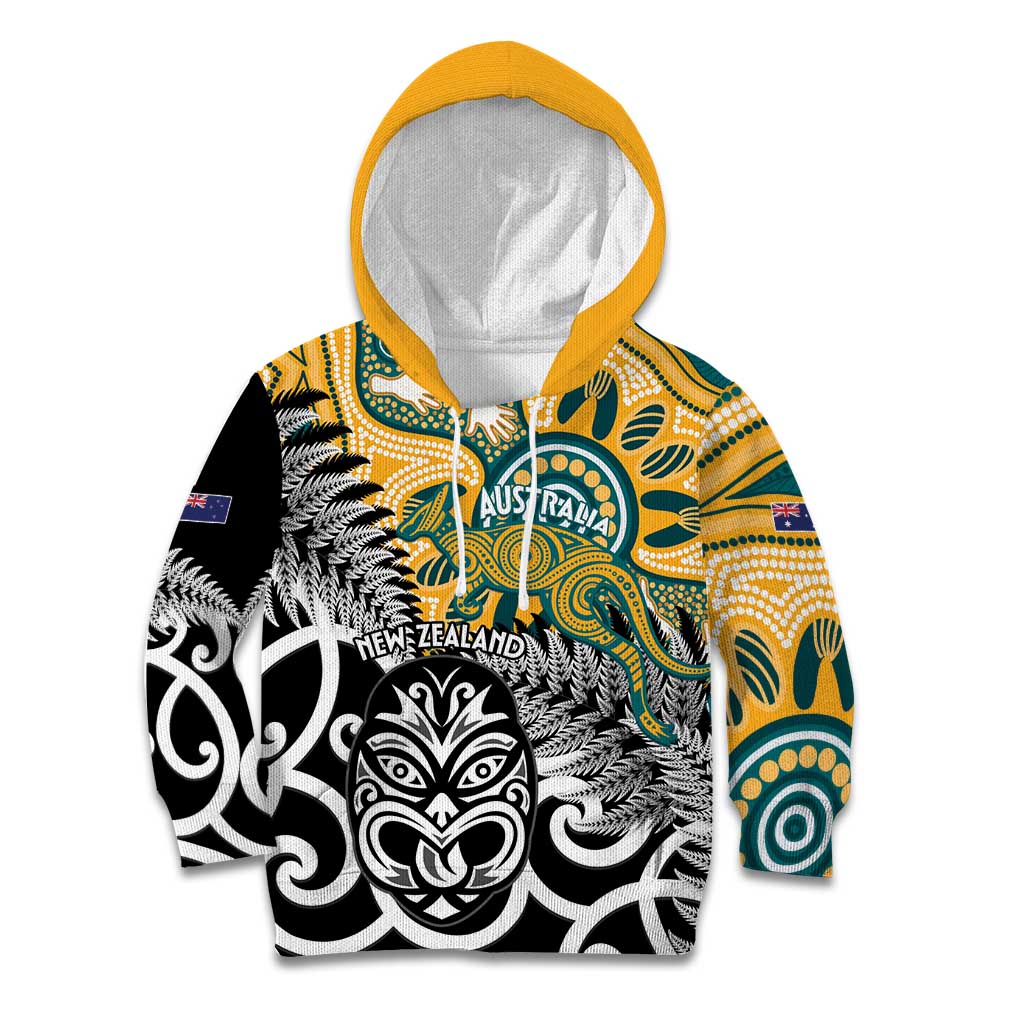 New Zealand Australia Rugby Custom Kid Hoodie Wallabies Aboriginal All Black Maori Tiki Together - Polynesian Pride