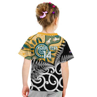 New Zealand Australia Rugby Custom Kid T Shirt Wallabies Aboriginal All Black Maori Tiki Together - Polynesian Pride