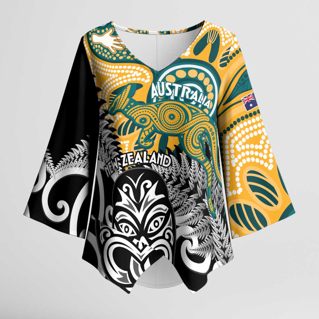 New Zealand Australia Rugby Custom Kimono Sleeve Blouse Wallabies Aboriginal All Black Maori Tiki Together - Polynesian Pride