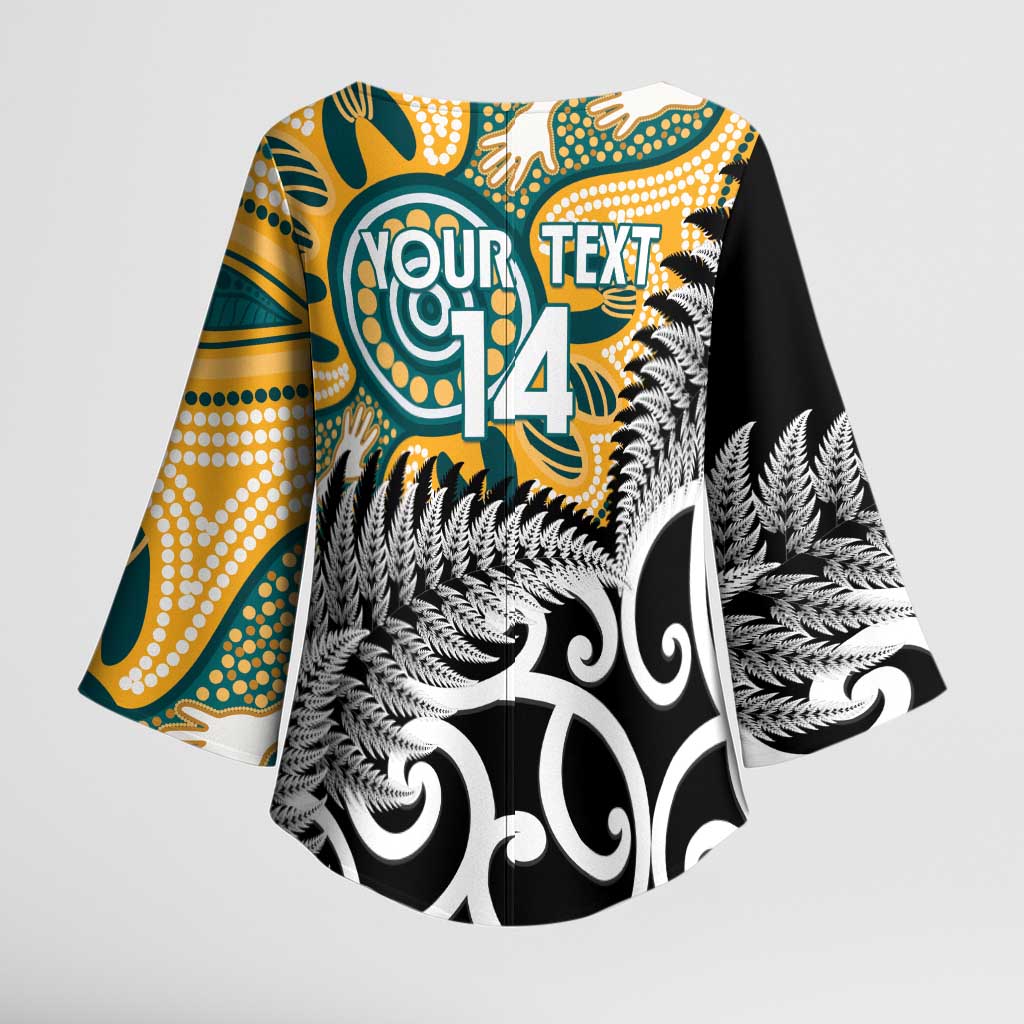 New Zealand Australia Rugby Custom Kimono Sleeve Blouse Wallabies Aboriginal All Black Maori Tiki Together - Polynesian Pride