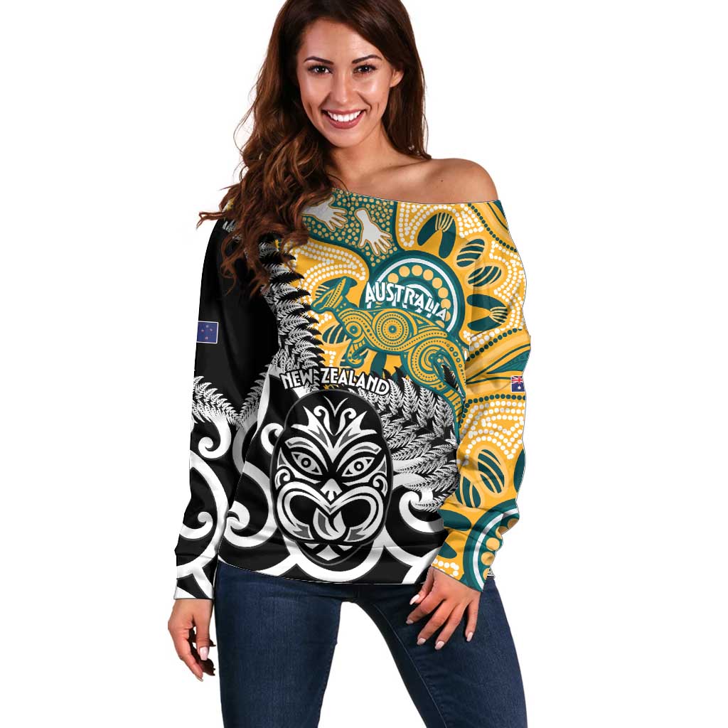 New Zealand Australia Rugby Custom Off Shoulder Sweater Wallabies Aboriginal All Black Maori Tiki Together - Polynesian Pride
