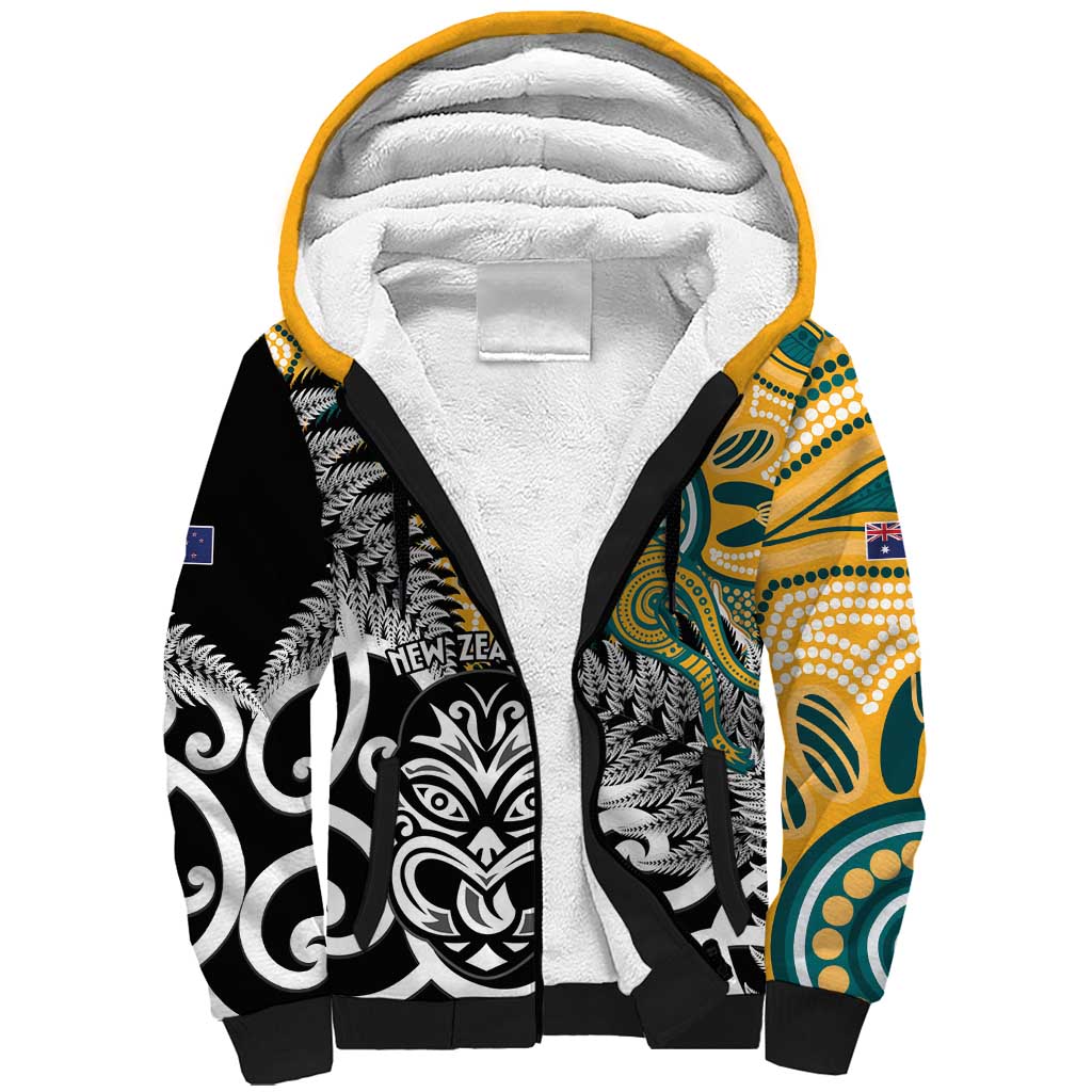 New Zealand Australia Rugby Custom Sherpa Hoodie Wallabies Aboriginal All Black Maori Tiki Together - Polynesian Pride