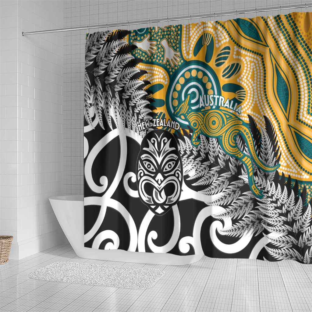 New Zealand Australia Rugby Shower Curtain Wallabies Aboriginal All Black Maori Tiki Together - Polynesian Pride